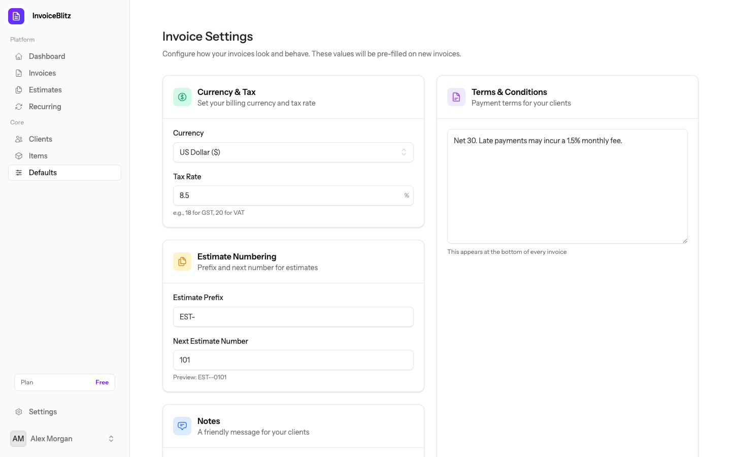 Company defaults settings page