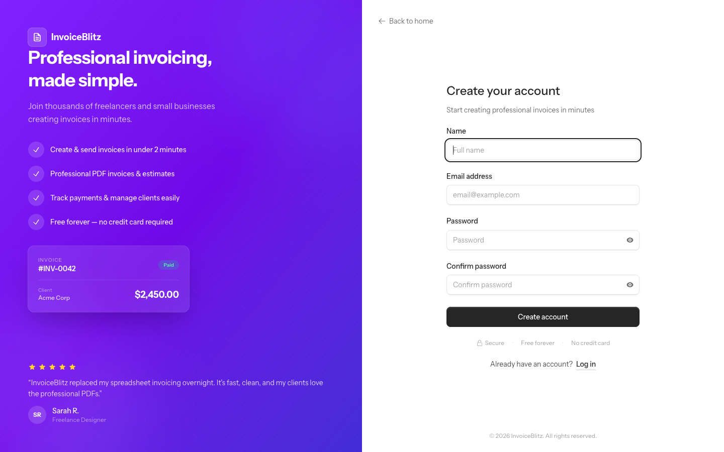 InvoiceBlitz registration page