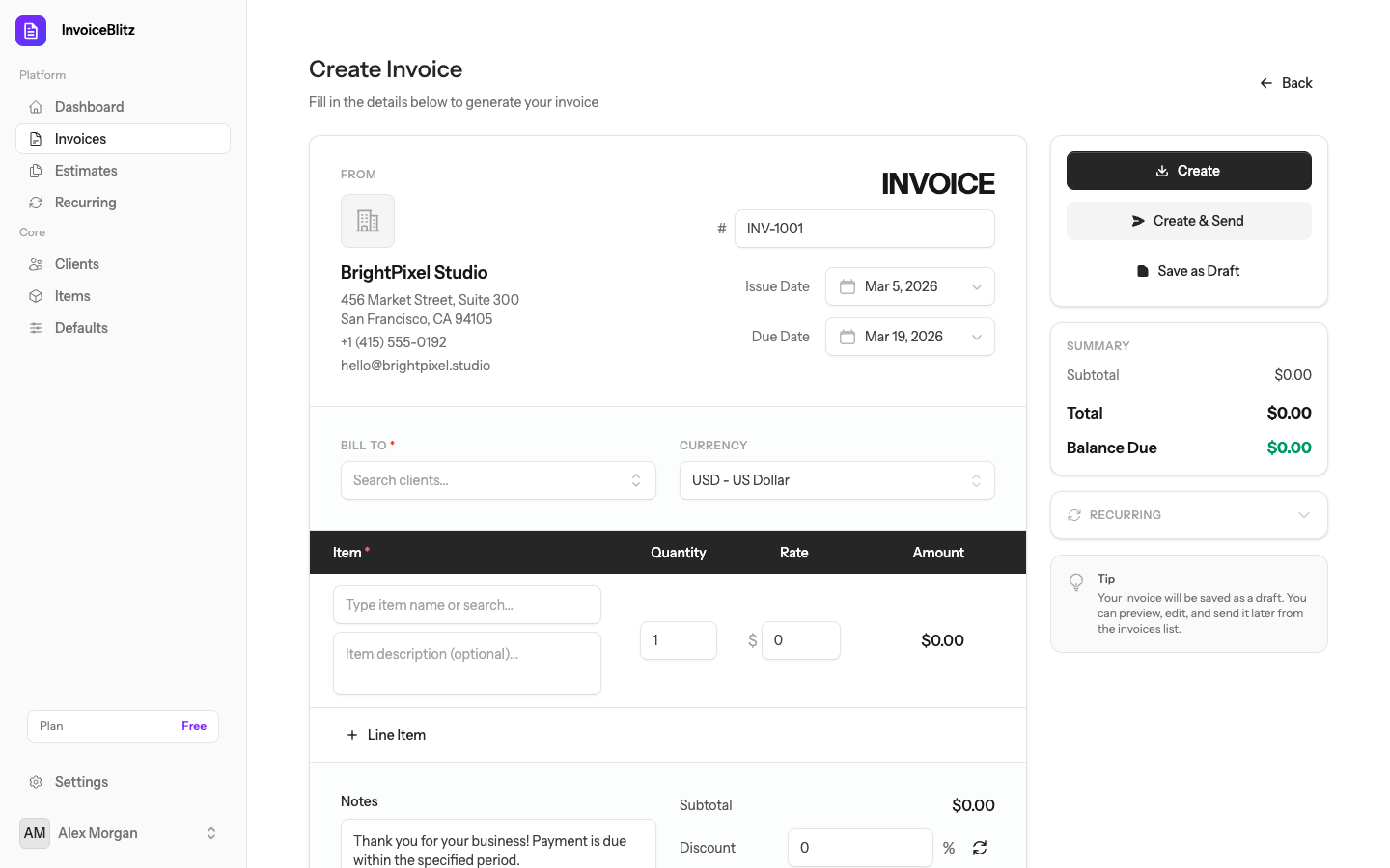 Create invoice form