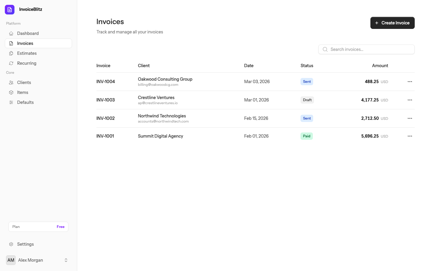 Invoice list with filters